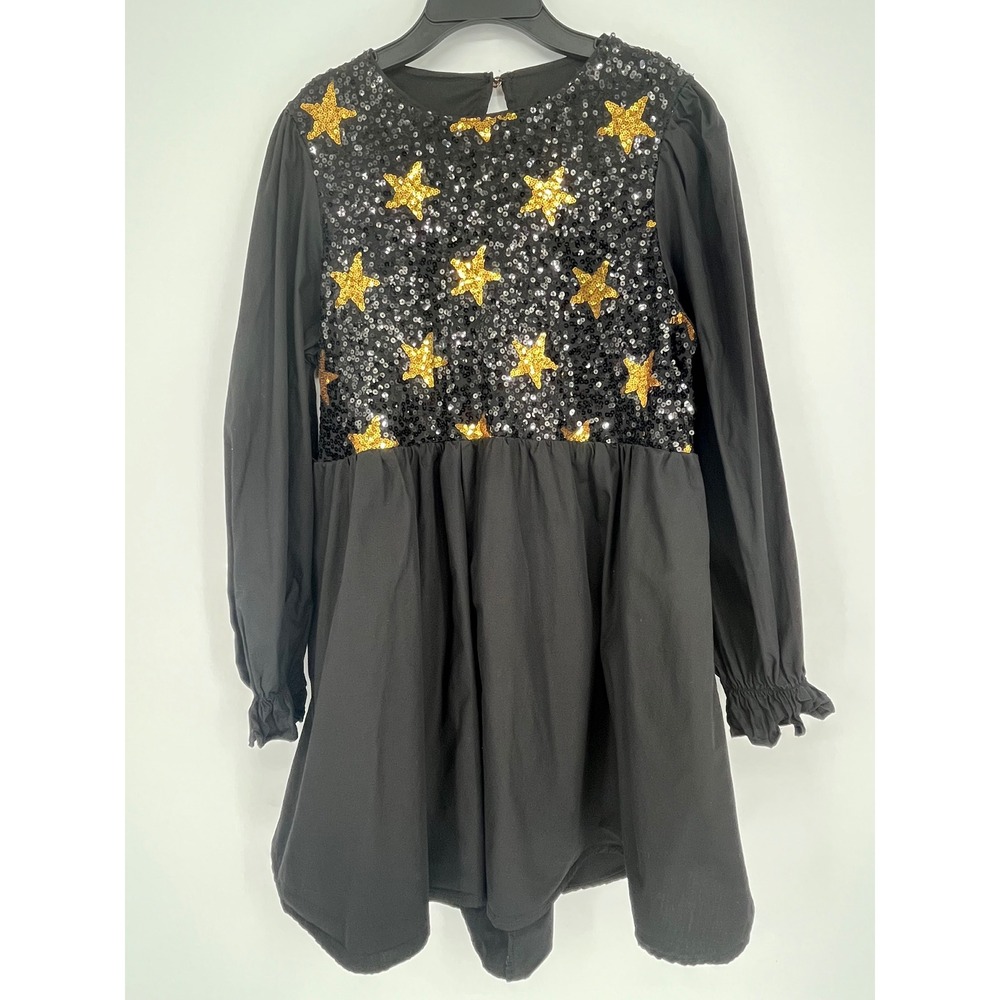 Black Gold Sequin Star Mini Dress Women M Long Sleeve Pocket Celestial Party NYE